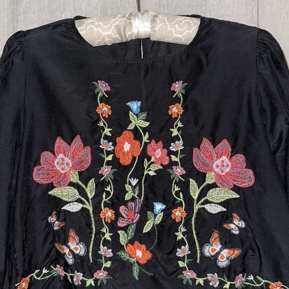 ZARA S Black Multi Floral Embroidered Long Sleeve Cotton Silk Peplum Blouse - Picture 3 of 10